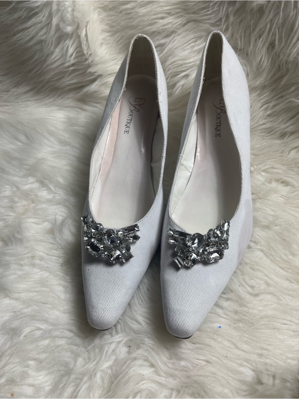 EY Boutique White Fabric canvas Jeweled Pointed-Toe slip on 3” heels SZ 12M